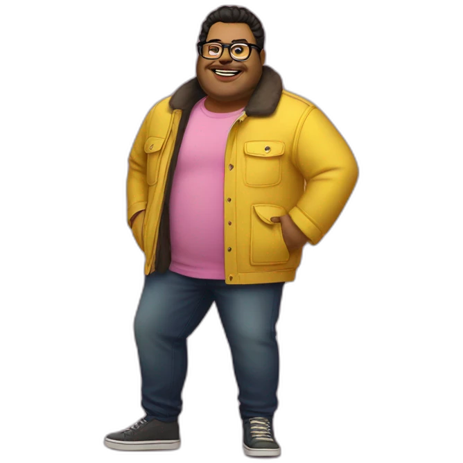 plus-sized man with dark hair, yellow long jacket, pink glasses. Show full lenght peson emoji