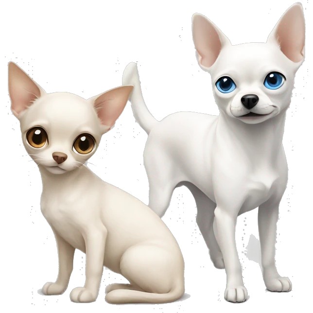 white cat blue eyes standing next to tan chihuahua with dark eyes  emoji