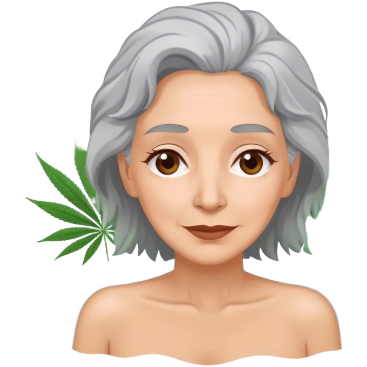 Middle aged, gray haired woman with brown eyes in a swimming pool with marijuna emoji