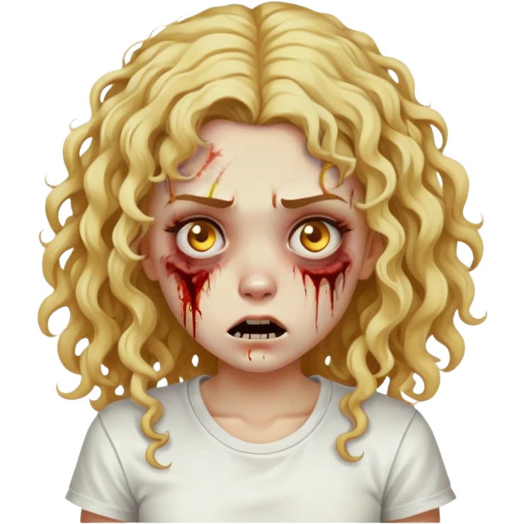 Zombie girl, curly long hair with golden locks, with bruises on her face, wearing a white t-shirt emoji