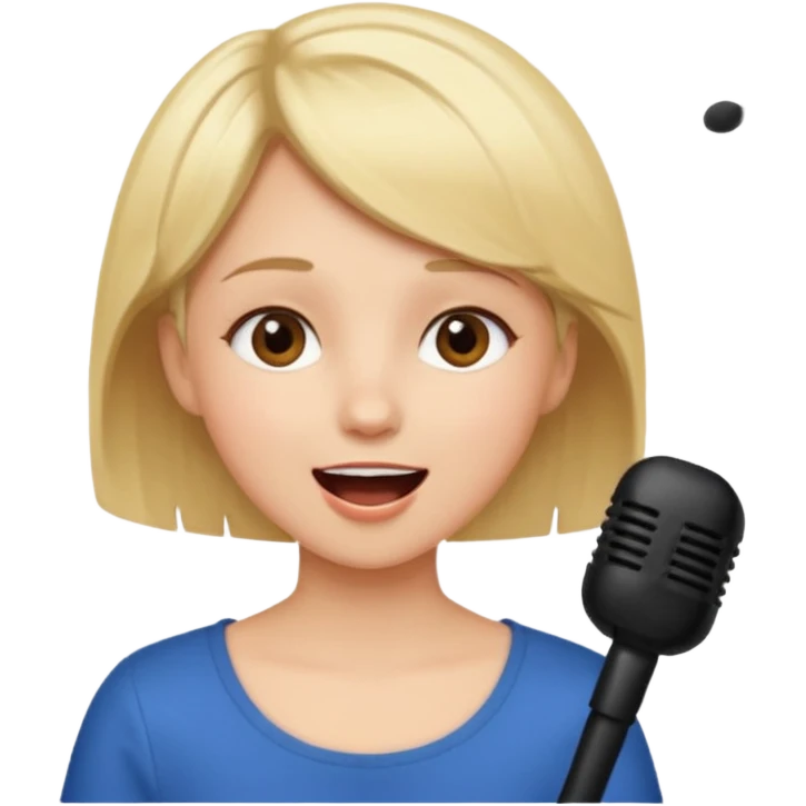 Crea una chica cantando con pelo rubio corto con ojos cafes  emoji