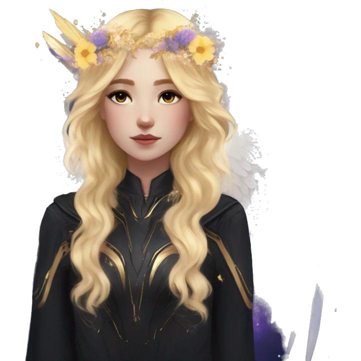 Ethereal galaxy constellation girl blonde hair angel raven wings black wings, gold arrow, nebula, flower crown emoji