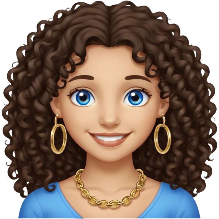 Girl with long dark brown curly hair and blue eyes with medium skin and small gold hoops smiling  emoji