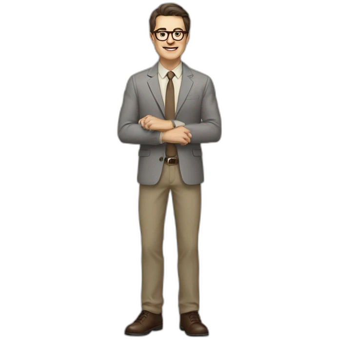 Full height Actively gesturing with hands Pale skinned fit man with dark brown hair in gray jacket, beige office shirt, brown tie, brown pants and vintage glasses. emoji