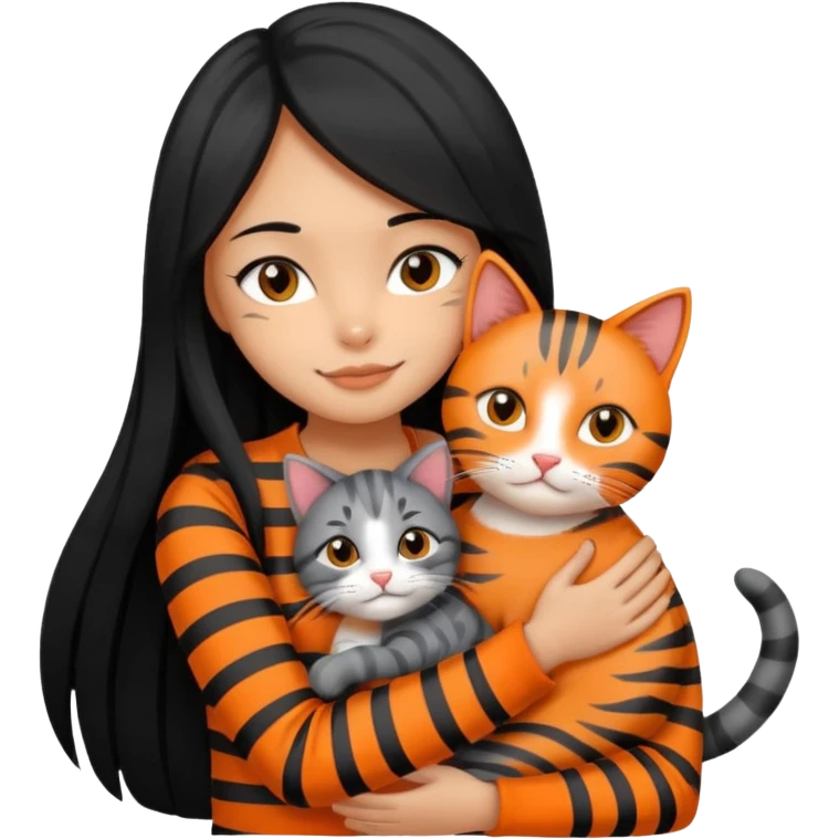 A clean girl with black long hair hugging an orange and a gray cat, both with stripes  emoji