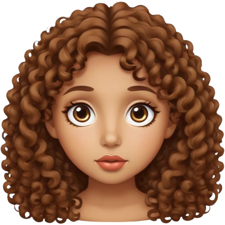 Uma garota morena um pouco amarela, de cabelo médio bem cacheado, olhos e lábios grandes, rosto um pouco arredondado e armonico  emoji