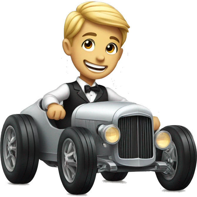 smiling boy in formal attire racing hot rod emoji
