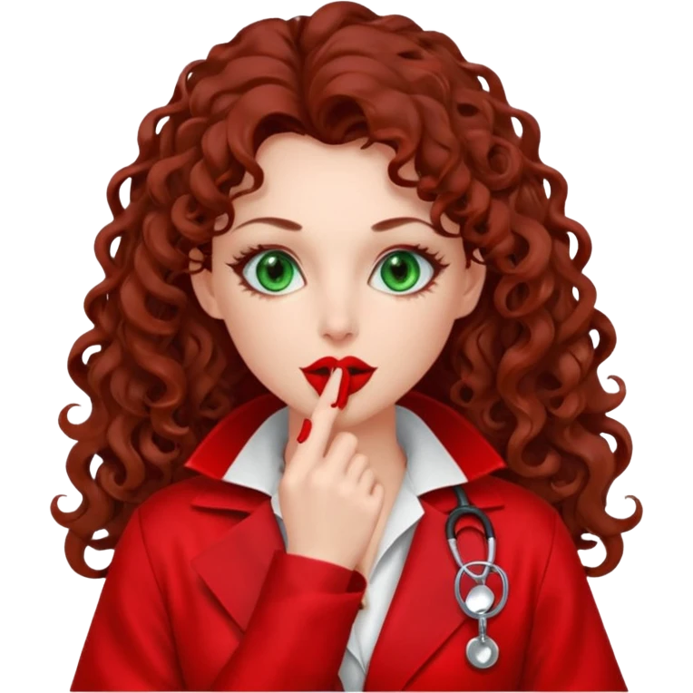 Lilith symbol sexy evil woman. She has green eyes.  had brown long curly hair.  evil surgeon kills with scalpel wears red sexy doctor coat with red mouth cover red gloves. Covers nose, neck  and mouth with red cloth emoji