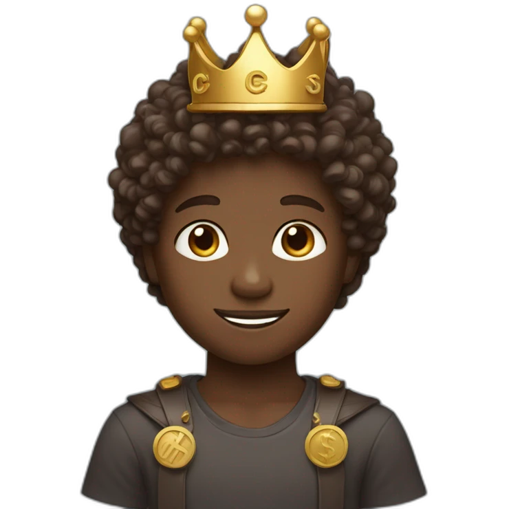 a chocolate skin boy with curly hair, blue eyes and a crown of cryptocurrency emoji