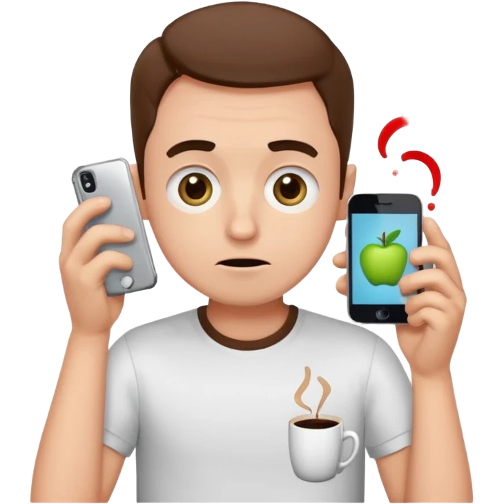 clumsy ordinary guy in classic emoji style, round head, huge shiny eyes, small mouth, awkward expression, spilled coffee on shirt, holding broken phone, thick black outline, flat vibrant colors, Apple emoji aesthetic, white background, very simple and cute emoji