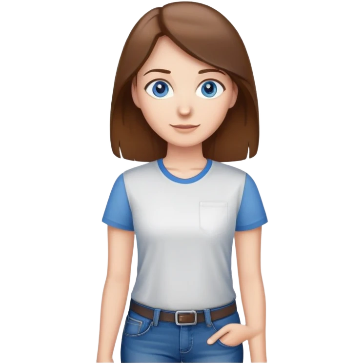 Teacher with brown hair and blue eyes wearing jeans and a te shirt emoji