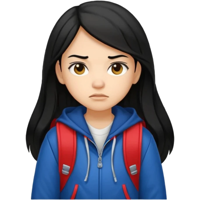 college student with annoyed face , black hair , with varsity jacket and backpack , girl, long hair,  emoji