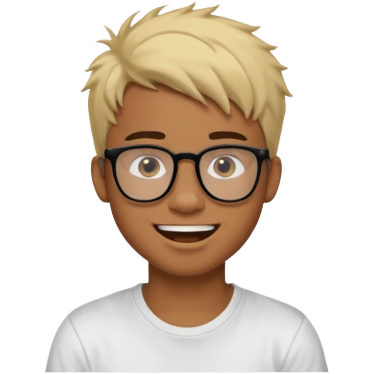 Teenager. Short buzz, messy blonde hair. Dark brown bushy eyebrows large expressive golden-brown eyes, brown skin color, scar over nose, wearing a plain white t-shirt. wearing clear thick black glasses. 20 year old male. laugh facial expression. brown skin color.  emoji