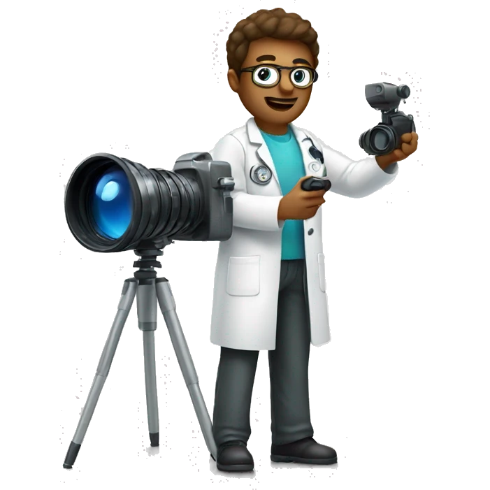Scientist taking a photo with a big camera while wearing a lab coat emoji