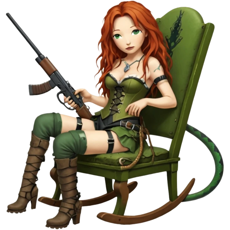 solarpunk ultra HD very old and tired Tori Amos casually crouches on a rocking chair in a torn corset, holding a double-barreled rifle and with muddy feet. a big snake wrapped itself around the chair emoji