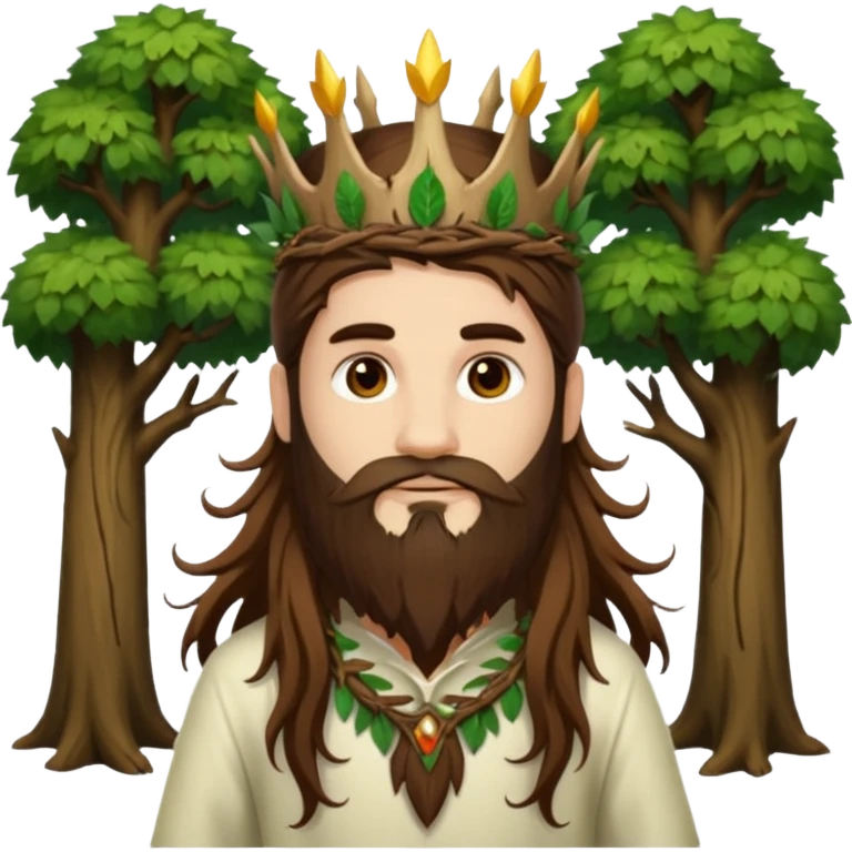 full body man long brown hair brown eyes medium beard white skin forest spirit with root crown emoji