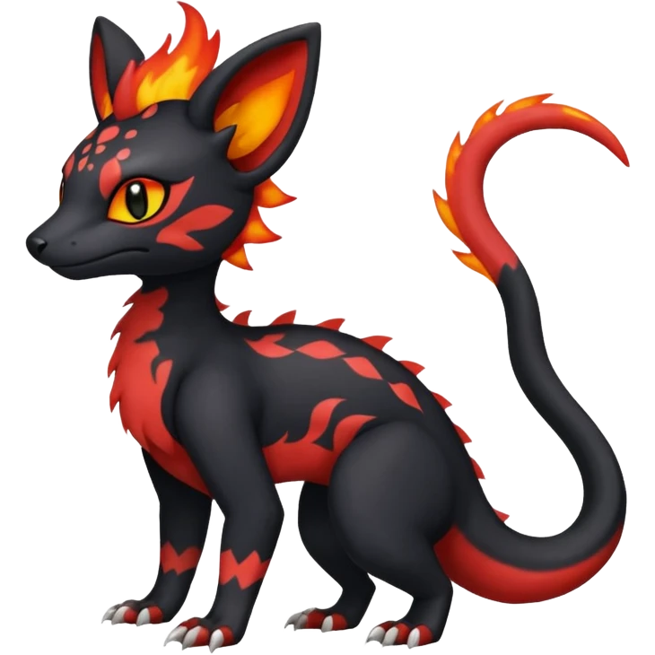 Rare realistic cute gothic Salandit-Litten-Quilava-Genet-species-Fakemon-hybrid-creature, with fiery markings, full body emoji