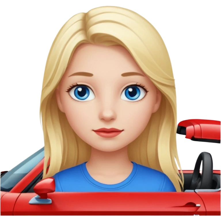 Blonde girl in red Mustang with blue eyes emoji