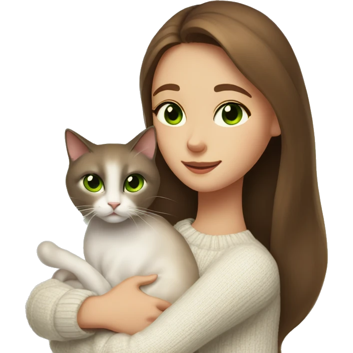 a girl with beautiful long brown hair and brown-green eyes in a white sweater, hugs a Siamese cat. emoji