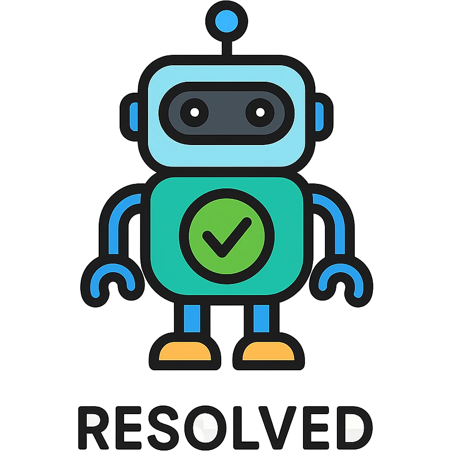 clean modern icon style robot with a green check mark on its body and a caption underneath saying 'RESOLVED' emoji