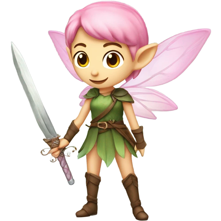 Female, forest fairy, fairy wings, pointed elf ears, short pink hair, vines, holding medieval sword emoji