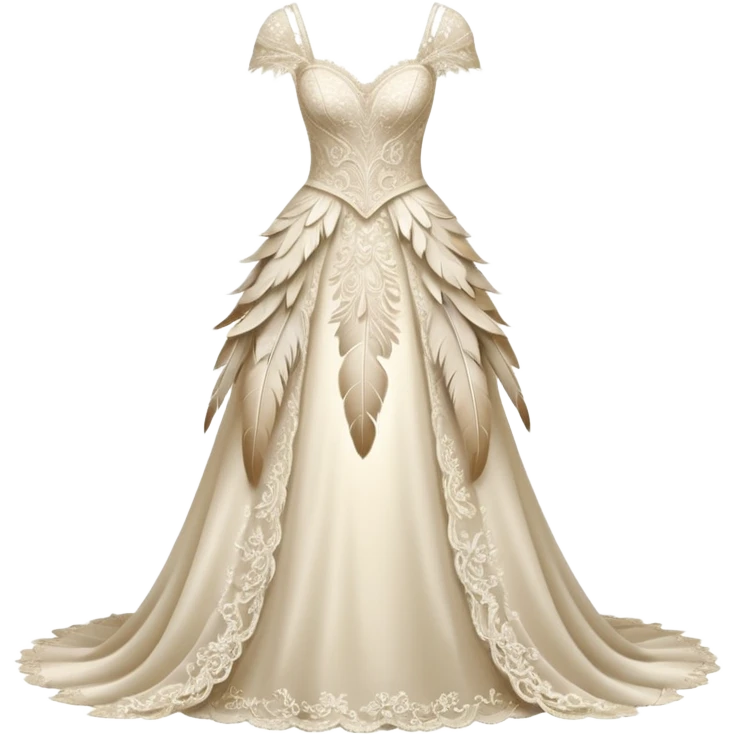 Hyper Realistic ornate Wedding dress displays  with feathers  emoji