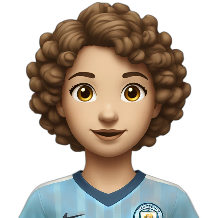 girl with short curly brown hair and eyes wearing Manchester City football shirt, fluro orange soccer boots, number 15, standing with a soccer ball emoji