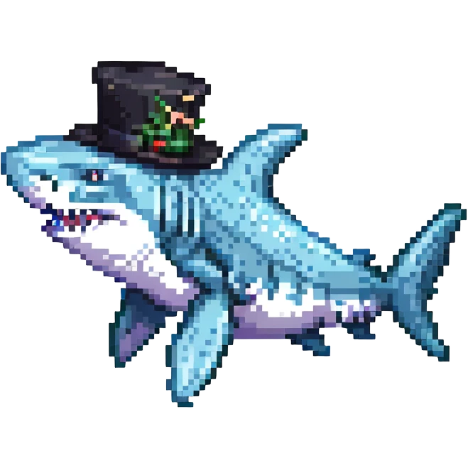 pixel art shark with a black tophat, side view emoji