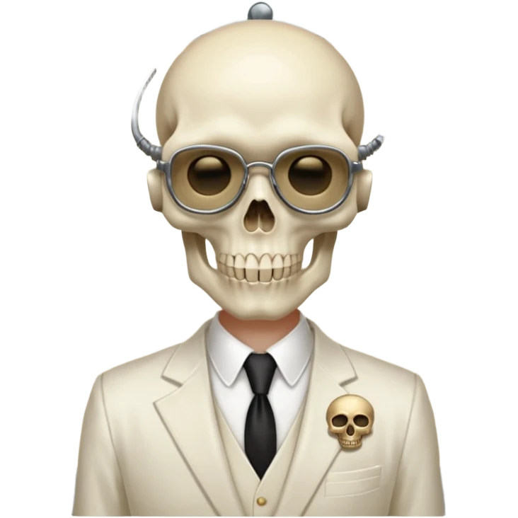 cinematic realistic - Megadeth icon - Megadeth - a gentleman in an ivory ethereal suit, with a skull instead of a head, and a metal plate with screws over his eyes instead of glasses emoji