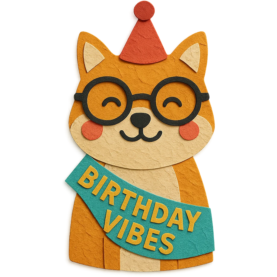 Shiba Inu wearing a "Birthday Vibes" sash and glasses, paper-craft style, transparent background emoji