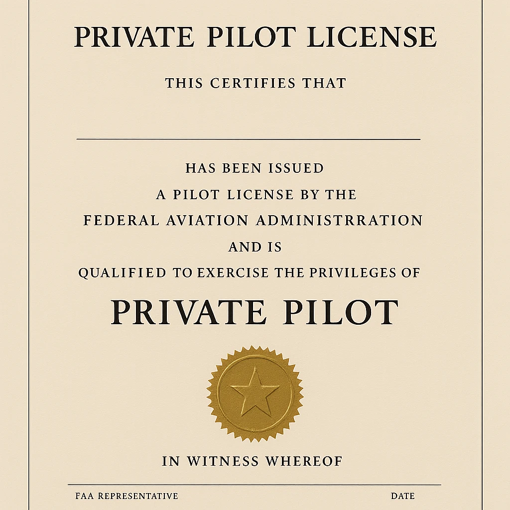 formal private pilot license design with a gold seal and official typography emoji