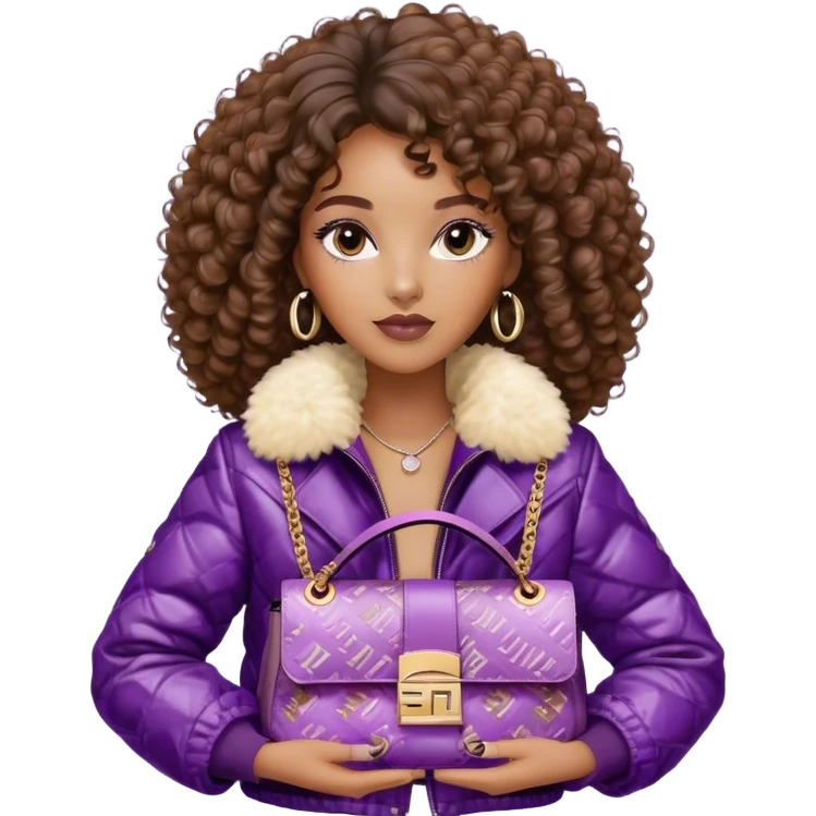 Beautiful black woman with curly hair. She is wearing a brown monogram Fendi jacket with a fur trim. She is carrying a Fendi Baguette
Purple sequined bag. I want the image close up. The jacket is not purple.  emoji