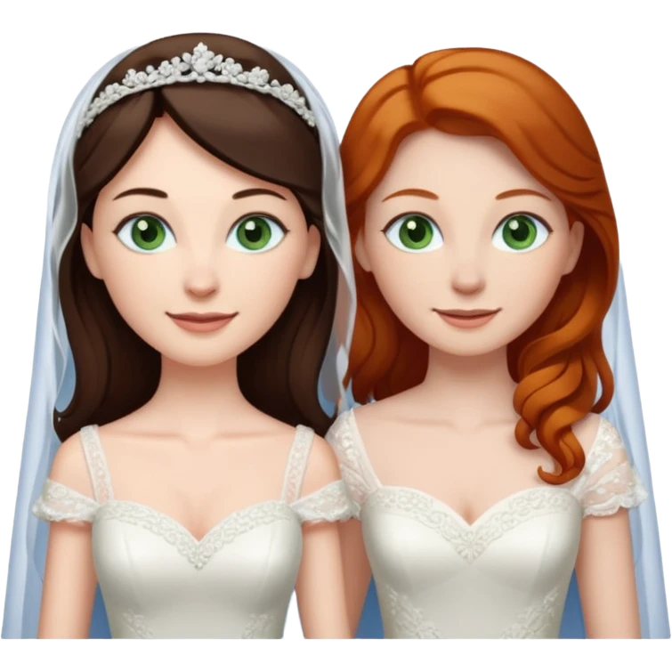 A tall, pale woman with very dark brown hair and green eyes marrying a shorter ginger woman with blue eyes, both in wedding dresses. emoji