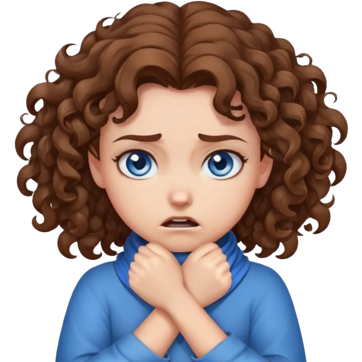 an angry girl with curly brown hair, blue eyes, and fair skin wrapping her hands around her neck emoji