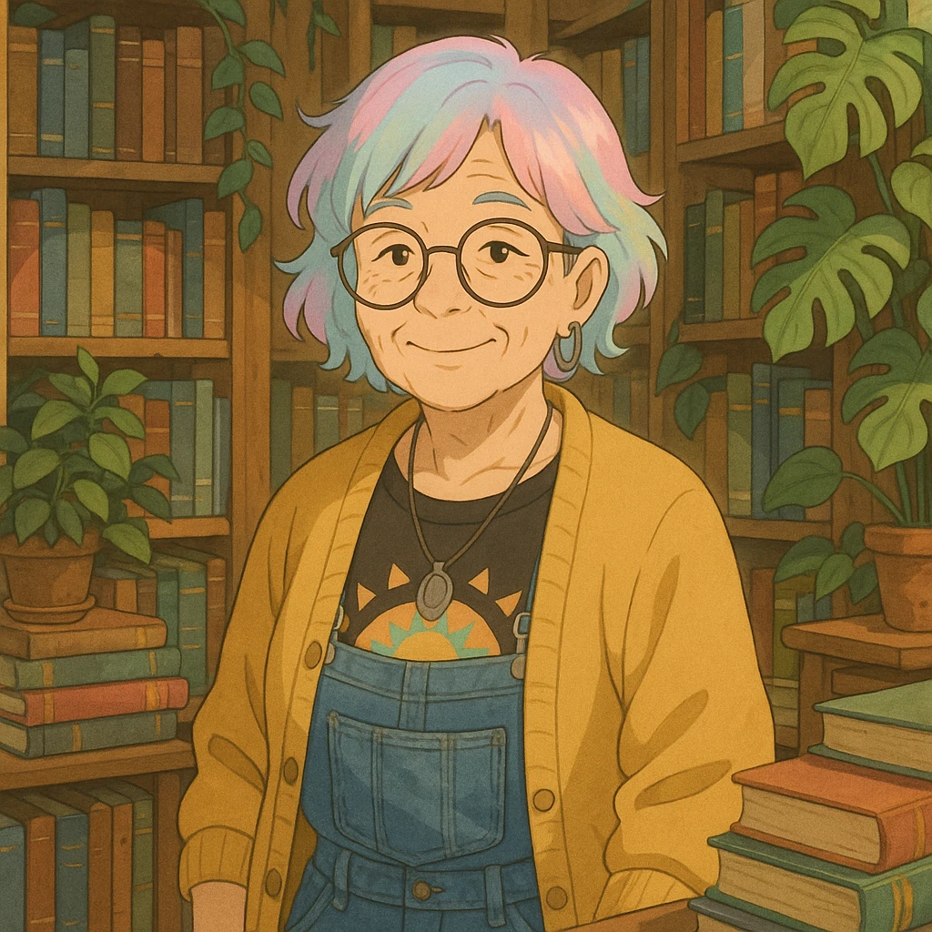 Gen Z librarian granny with pastel hair, hip clothing, surrounded by books and plants, warm expression, ghibli style emoji