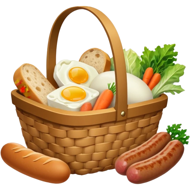 basket with groceries: milk, bread, sausage, eggs, potatoes, carrots, onions, cabbage emoji