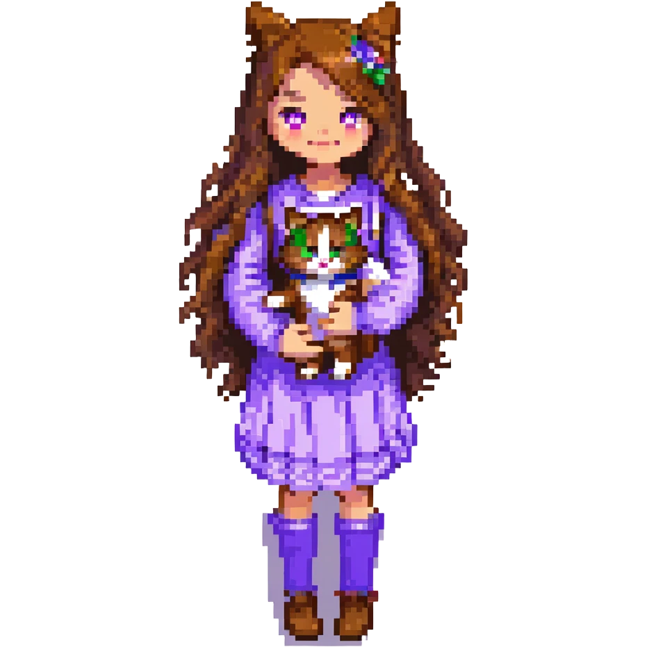 Add a simple, cheerful background to the scene with a girl with long, wavy brown hair, brown eyes, purple clothes, holding a three-color cat, in pixel art style. emoji