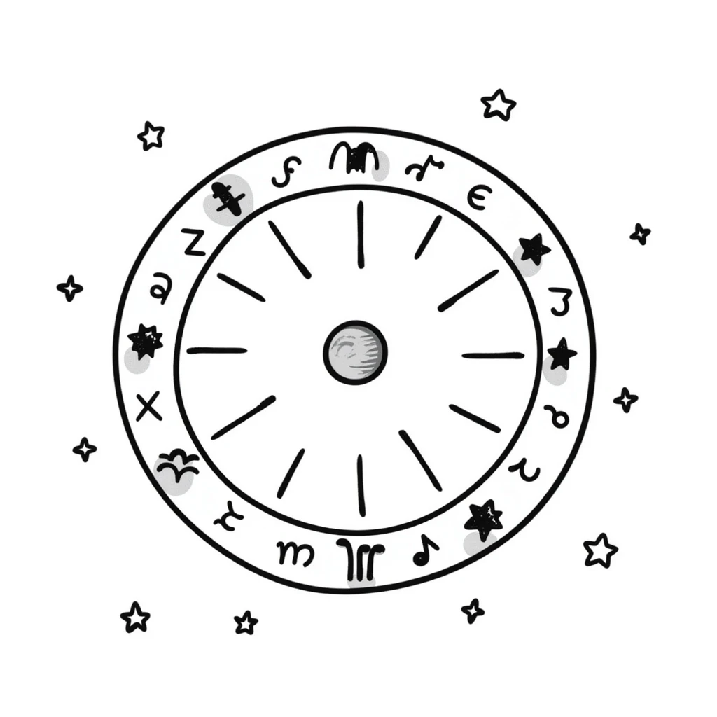 astrology wheel with stars, celestial vibe, hand-drawn doodle style emoji