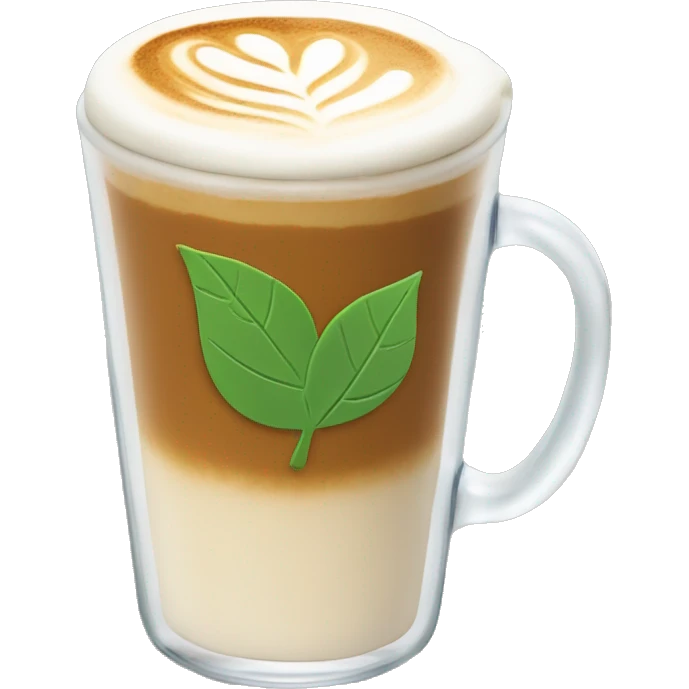 A latte in a clear glass mug with a leaf-shaped latte art design emoji