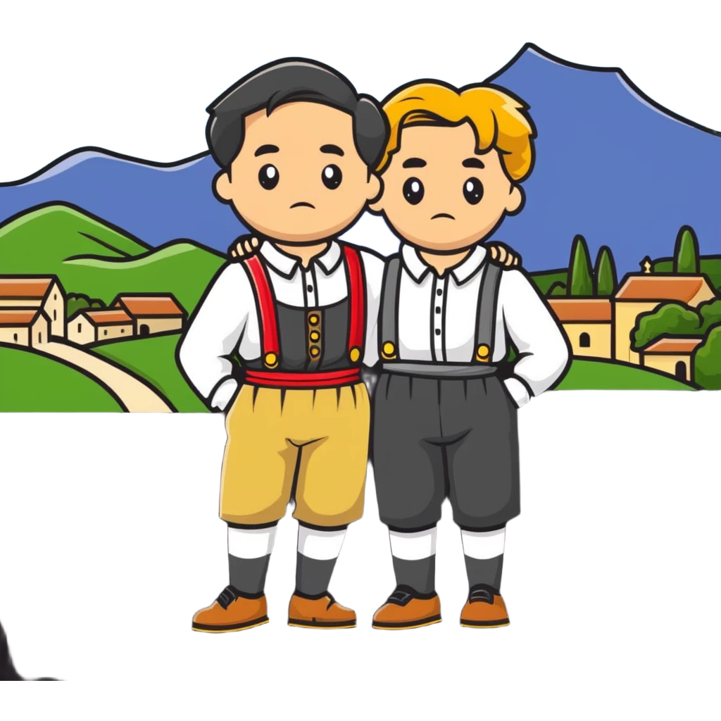 a German in typical Bavarian clothing shrugging and looking lost with Sicily in the background emoji