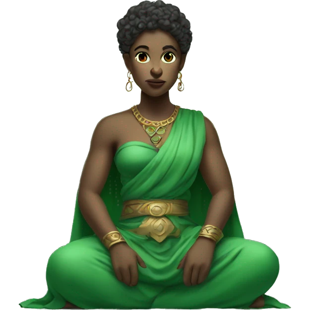 seated female god wearing green clothes  with piercing gaze  emoji