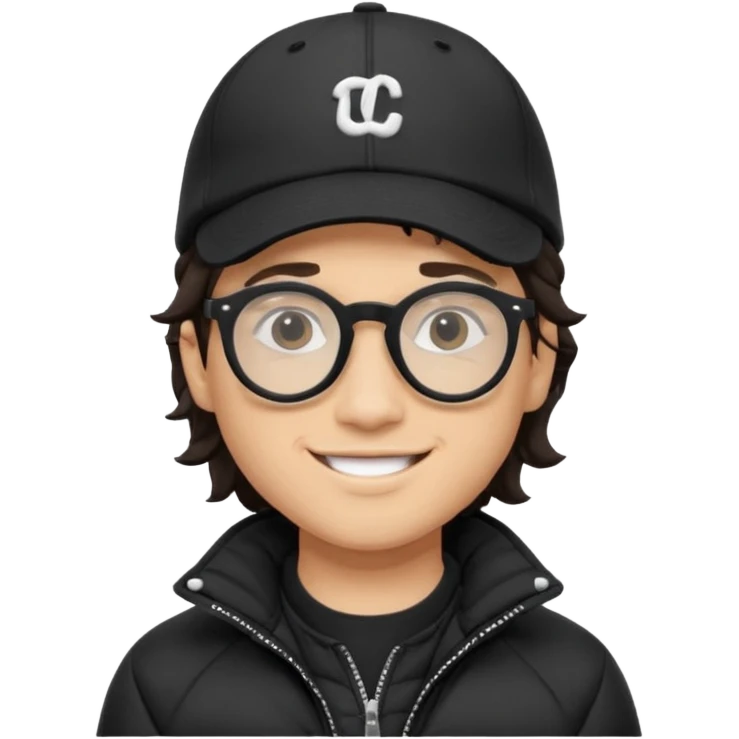 Young man wearing a black puffer jacket, black baseball cap, round black glasses, wavy hair peeking out from under the cap, smiling
 emoji