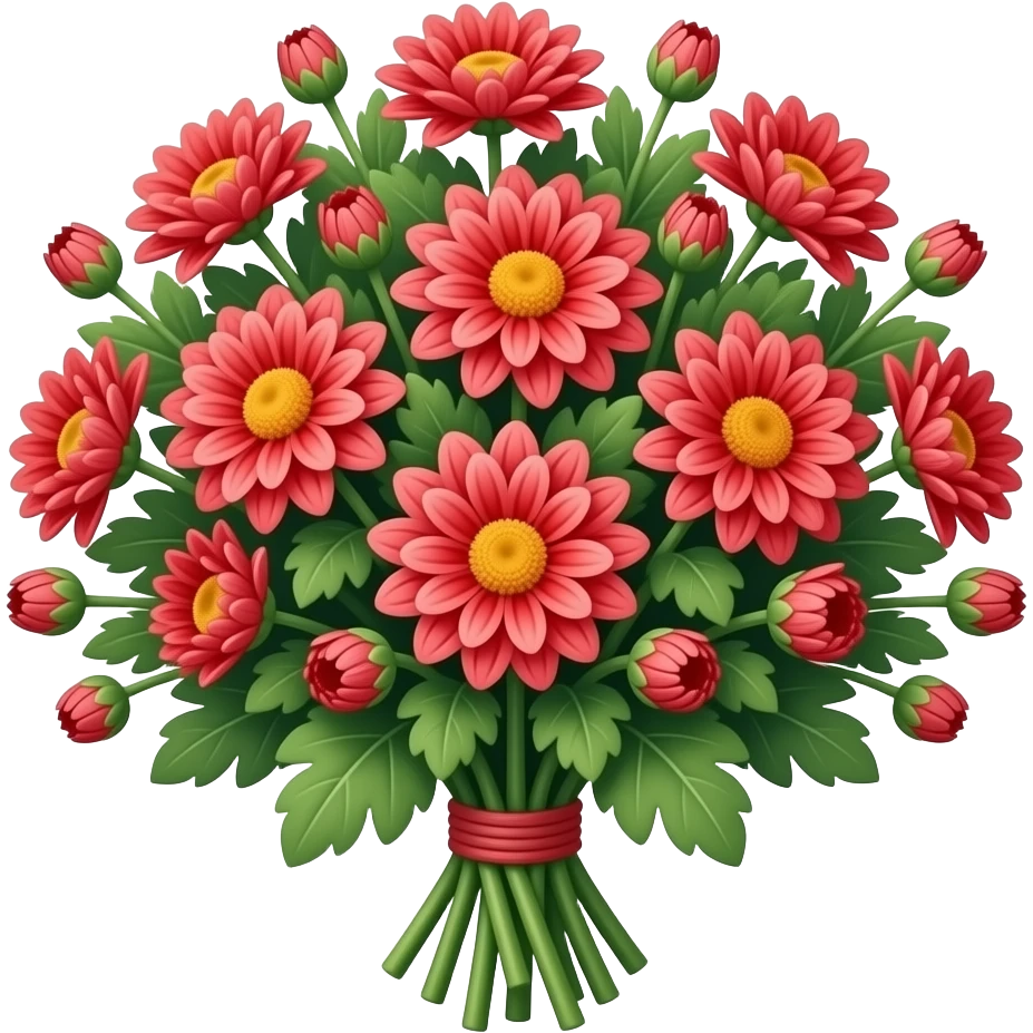 big bouquet Soft Red Chrysanthemum, luxuriant, leaf, bud emoji
