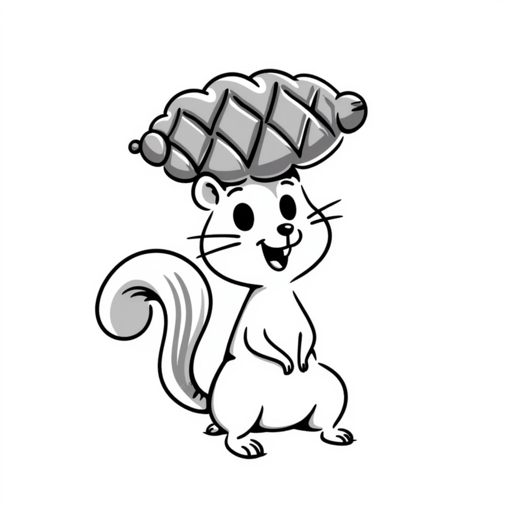 A greedy little squirrel with a large pine cone balanced on top of its head, making a strange, creepy expression emoji