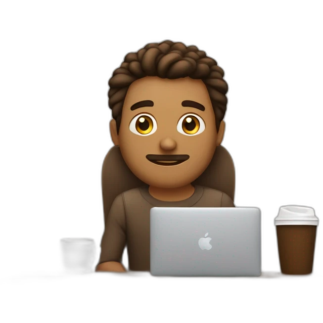 Hombre joven con pelo castaño ondulado con MacBook y un cafe emoji
