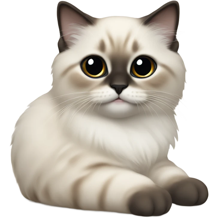 an entire birman kitten, laying down relaxed on a shoulder.  thin face, spots of dark on the ears and middle of the face. emoji