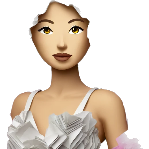 Glamorous lady made of 420 origami newspaper roses hemp leaves lantern fairy lights burning paper vaporwave emoji