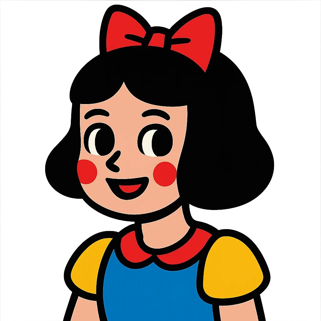 girl with white skin, short black hair, and a red bow, vibrant toon style emoji