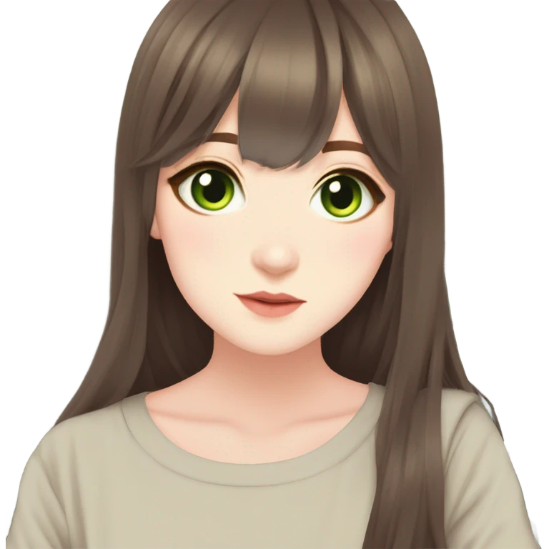 long Brown hair  shorter curtain bangs long layered straight hair  174cm pale skin skinny legend big green eyes Japanese/korean has dimple’s emoji