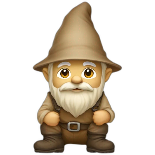 side view of gnome with light tan pants and boots squatting on top of small brown mud emoji